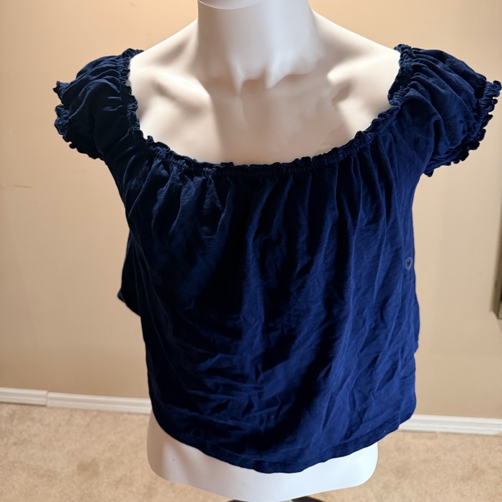 American Eagle Off Shoulder Top Navy Blue Cropped Puff Sleeve NWT Medium
